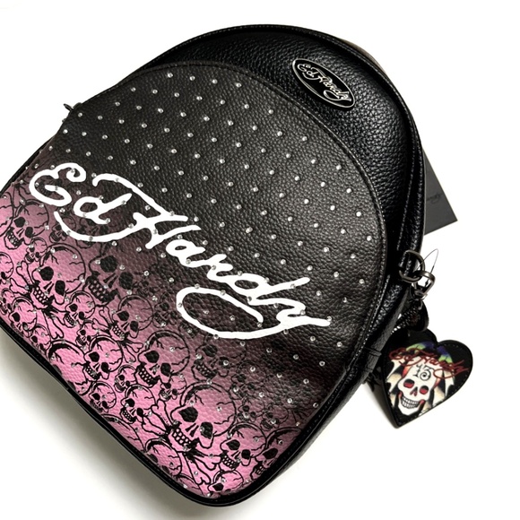 Ed Hardy Skull Rhinestone Mini Backpack Black Pink Tattoo Bag NWT Charms main image 9
